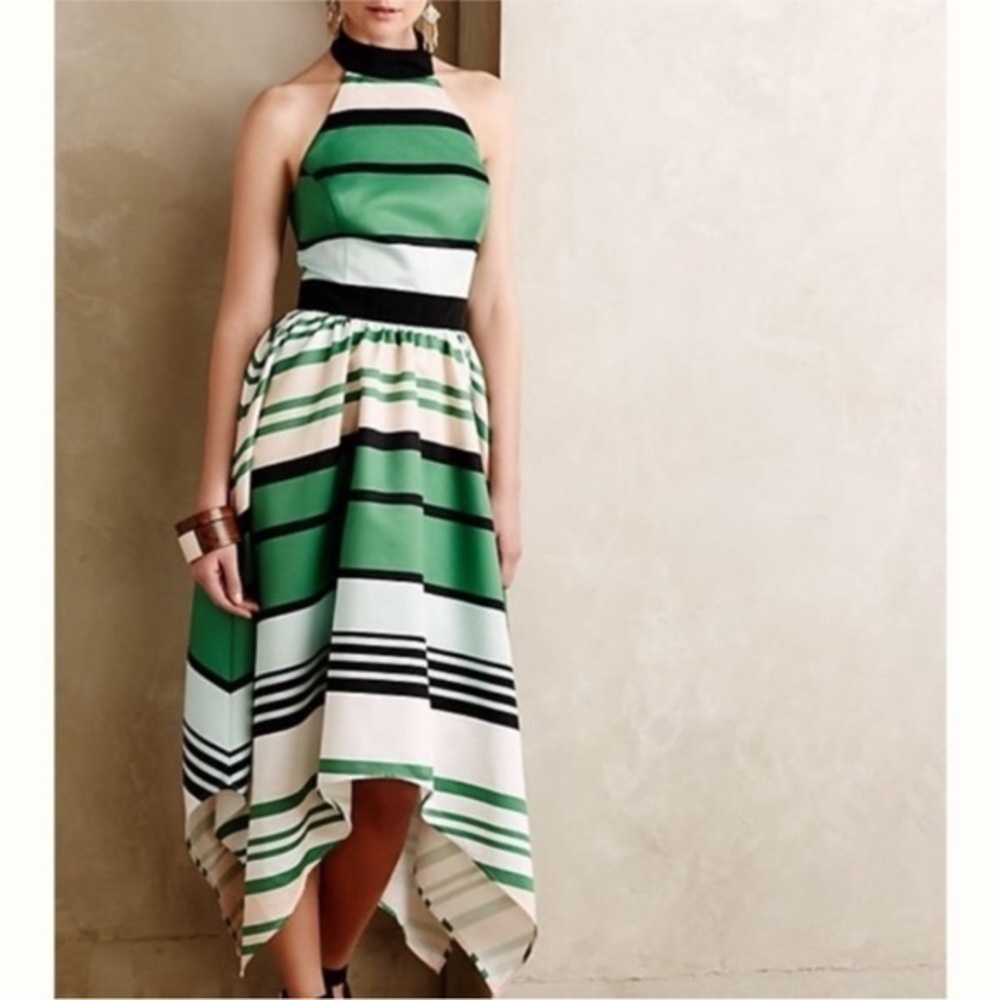 Anthropologie Candymint Halter Dress by Troubadour Green Striped Midi